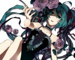  ahoge aqua_eyes aqua_hair bad_id dress flower from_above hatsune_miku long_hair lying rose simple_background solo tomero twintails very_long_hair vocaloid 
