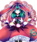  bow collar dress frills gathers gradient_hair green_eyes green_hair hair_ribbon kagiyama_hina light_particles momonako multicolored_hair outstretched_arms ribbon ruffles spread_arms stitches touhou 