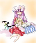  blonde_hair blush book cherry_blossoms_(artist) feet flandre_scarlet hat lap_pillow long_hair patchouli_knowledge purple_eyes purple_hair sakura_(doors) sleeping thumb_sucking touhou vampire violet_eyes wings 