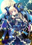  blonde_hair bow detached_sleeves fantasy_earth_zero frills gloves hair_bow jewelry moon necklace night purple_eyes solo star sword violet_eyes weapon yamadori_yoshitomo 