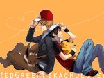  2boys back-to-back back_to_back bad_id black_hair brown_hair character_name eevee green_eyes hat heart heart_background heart_of_string multiple_boys obo ookido_green ookido_green_(hgss) orange_background pikachu pokemon pokemon_(creature) pokemon_(game) pokemon_gsc red_(pokemon) title_drop 