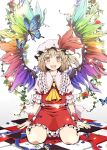  alternate_wings azuma_syoujuan blonde_hair butterfly checkered flandre_scarlet flower gradient_hair hat multicolored_hair multicolored_nail_polish nail_polish open_mouth ponytail rainbow_order red_eyes rose short_hair side_ponytail sitting smile solo touhou wariza wings wrist_cuffs 