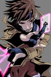  black_sclera brown_hair card card_with_aura cards coat fingerless_gloves gambit gloves hands holding holding_card male marvel oekaki perspective playing_card simple_background smile solo togatsuko x-men 