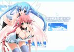  blue_hair breasts chain chains cleavage collar feathers gennosuke_(artist) green_eyes ikaros nymph_(sora_no_otoshimono) pink_hair ribbon sky sora_no_otoshimono thighhighs wings 