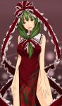  china_dress chinese_clothes cleavage collar frills front_ponytail green_eyes green_hair hair_ribbon hands highres kagiyama_hina laces large_breasts no_panties open_mouth ribbon shuugetsu_karasu side_slit smile thighs touhou 