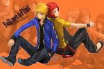  afro back-to-back back_to_back bad_id blonde_hair denji_(pokemon) denzi_(pokemon) english gym_leader hand_in_pocket jacket looking_back male multiple_boys obo ooba_(pokemon) pokemon pokemon_(game) pokemon_dppt red_hair redhead sitting thumbs_up top_four wallpaper zoom_layer 