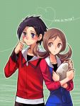  black_hair blue_eyes blush brown_eyes brown_hair egg english gold_(pokemon) heart hug kotone_(pokemon) obo pokemon pokemon_(game) pokemon_gsc twintails 