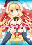  blue_eyes bow breasts checkered checkered_floor christmas cleavage cute floor garter_belt garter_straps gift gloves hat large_breasts long_hair looking_up mitsuk original santa_costume santa_hat sitting smile snowflakes solo star thigh-highs thighhighs v_arms 