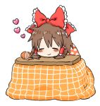  blush bow chibi closed_eyes food fruit hair_bow hakurei_reimu heart kotatsu mandarin_orange mikan sleeping solo table touhou uesuto_(nisisan) 