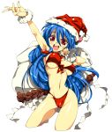  alabaster_(artist) arm_up armpits bad_id bikini blue_hair breasts christmas contrapposto front-tie_top hat highres hinanawi_tenshi large_breasts long_hair oekaki open_mouth outstretched_arm red_eyes sack santa_hat slender_waist smile solo swimsuit touhou wrist_cuffs 