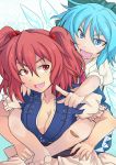  bad_feet bad_id bandaid barefoot blue_eyes blue_hair bow breasts cirno cleavage foreshortening hair_bobbles hair_bow hair_ornament hands multiple_girls onozuka_komachi red_eyes red_hair redhead short_hair touhou twintails wings yude 