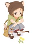  1girl animal animal_ears bag bloomers brown_eyes brown_hair cat_ears cat_tail es_(pixiv295215) ferret flower frills full_body glasses handbag ichigo_mashimaro mary_janes sakuragi_matsuri shoes short_hair skirt socks solo tail underwear white_background 