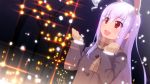  :d animal_ears bunny_ears dutch_angle h@ll happy jacket lights long_hair mittens night open_mouth purple_hair red_eyes reisen_udongein_inaba scarf smile snowing solo touhou winter_clothes 