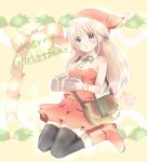  bag bare_shoulders blonde_hair boots gift hat holding holding_gift itsuka letter long_hair original santa_hat skirt solo thigh-highs thighhighs 