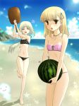  2girls beach bikini blonde_hair blush brown_eyes checkered circlet closed_eyes clouds feet flat_chest food fruit hair_ornament hairclip highres holding holding_fruit long_hair mallet mist_(rune_factory) multiple_girls musical_note necklace okitune-sama open_mouth ponytail rosetta rune_factory rune_factory_frontier shore short_hair sky smile sun swimsuit watermelon 