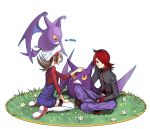  1boy 1girl blush brown_hair crobat hat kotone_(pokemon) obo overalls petting pokemon pokemon_(creature) pokemon_(game) pokemon_gsc red_eyes red_hair redhead silver_(pokemon) silver_(pokemon)_(remake) sitting smile thigh-highs thighhighs wariza 