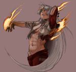  abs arm_up bad_id evil_grin evil_smile fire fujiwara_no_mokou grin kirusu long_hair looking_down mound_of_venus muscle open_clothes open_shirt outstretched_arm outstretched_hand red_eyes sharp_teeth shirt silver_hair simple_background sketch sleeves_rolled_up smile solo teeth torn_clothes touhou 