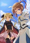  blonde_hair blue_eyes brown_hair fate_testarossa from_below long_hair looking_at_viewer looking_down mahou_shoujo_lyrical_nanoha multiple_girls red_eyes smile tadokoro_teppei takamachi_nanoha thigh-highs thighhighs twintails 