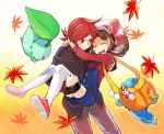  1boy 1girl ^_^ ahoge autumn bad_id bag blush brown_hair carrying chikorita cling closed_eyes couple happy hat hat_ribbon hetero hug kotone_(pokemon) leaf leaves maple_leaf obo open_mouth overalls pink_ribbon pokegear pokemon pokemon_(creature) pokemon_(game) pokemon_gsc princess_carry red_eyes red_hair redhead ribbon silver_(pokemon) silver_(pokemon)_(remake) smile thigh-highs thighhighs totodile twintails white_legwear 