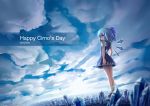  blue_eyes blue_hair bow cirno cloud clouds dress from_behind hair_bow ice ice_wings looking_back short_hair short_sleeves sky solo touhou wings zhandou_greymon 