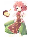  ahoge animal asyura7 bandage bandages blush character_request chinese_clothes closed_eyes double_bun eyes_closed flower ibaraki_kasen puffy_sleeves raijuu red_eyes red_hair redhead rose short_hair short_sleeves smile solo touhou white_background wink 