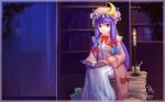 book bow candle capelet crescent cup dress hair_bow highres long_hair long_sleeves night patchouli_knowledge purple_eyes purple_hair ribbon sitting smile solo teacup touhou violet_eyes 