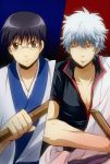  black_hair brown_eyes curly_hair frown gintama glasses looking_at_viewer looking_away maruki_(punchiki) multiple_boys punchiki red_eyes sakata_gintoki shimura_shinpachi silver_hair sword weapon wooden_sword 