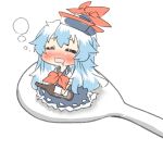  blue_hair blush bottle closed_eyes eyes_closed hat kamishirasawa_keine long_hair lowres open_mouth rebecca_(keinelove) rice_spoon solo spoon touhou wine 