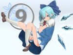  &#9320; ? between_legs blue_eyes blue_hair bow cirno dress hair_bow hand_between_legs ice ice_wings kesomaru_(pivix) kneehighs looking_at_viewer mary_janes shoes smile socks solo touhou white_legwear wings ã¢â€˜â¨ â‘¨ 