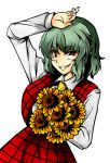  bouquet flower green_hair grin hosoi_kouzou kazami_yuuka long_sleeves lowres red_eyes short_hair smile solo sunflower touhou white_background 