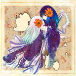  blue_eyes blue_hair bubble chiyo_(fragile) dual_persona floating flower fragile ghost hair_flower hair_ornament highres japanese_clothes kimono long_hair multiple_girls no_legs pins purple_hair silver_hair spirit 