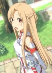  :d armor arms_behind_back asuna_(sao) bare_shoulders blurry blush braid breastplate brown_eyes brown_hair depth_of_field detached_sleeves grass long_hair nori_tamago open_mouth smile solo sword sword_art_online tree water weapon 
