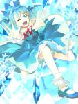 1ten bloomers blue_eyes blue_hair bobby_socks bow cirno double_v dress hair_bow ice ice_wings mary_janes open_mouth shoes socks solo touhou v wings wink 