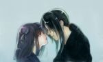  1girl basilisk_(manga) black_hair blue_background blue_eyes couple graphite_(medium) hair_over_eyes hotarubi long_hair ponytail profile purple_hair sad shiratake short_hair side side_ponytail tears traditional_media yashamaru 