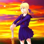  ahoge blazeknight blonde_hair command_spell fate/stay_night fate_(series) grass green_eyes saber school_uniform shinai skirt smile solo sunset sword weapon 