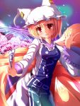  absurdres blonde_hair blush cherry_blossoms fox_tail hat highres liya multiple_tails ofuda open_mouth red_eyes short_hair smile solo tail touhou yakumo_ran 
