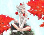  animal_ears between_legs brown_eyes detached_sleeves hand_between_legs hat indian_style inubashiri_momiji leaf looking_at_viewer ma_nyan_(nyao_mao_nyao) maple_leaf sitting smile solo tail tokin_hat touhou traditional_media white_hair wide_sleeves wolf_ears wolf_tail 