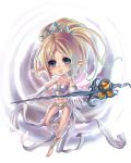  absurdres ankle_wraps armor bare_shoulders barefoot blonde_hair blush breasts bustier chibi fukafusa green_eyes highres janna_windforce league_of_legends long_hair midriff navel pointy_ears solo staff tiara 