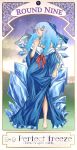  &#9320; 362_(mimuni) ? adult art_nouveau bare_shoulders barefoot blue_eyes blue_hair bow card cirno english gown hair_bow hair_ornament highres ice ice_wings long_hair snowflakes solo touhou wings ã¢â€˜â¨ â‘¨ 