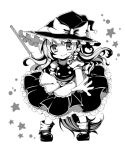  apron bow braid broom hat hat_bow kirisame_marisa long_hair lowres mary_janes monochrome puffy_sleeves sanotsuki shoes short_sleeves side_braid single_braid smile solo star touhou witch_hat 