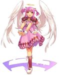  angel_wings bag ciel_(spectral_souls) crossed_legs_(standing) dress fleur_de_lis halo hirano_katsuyuki official_art pink_dress pink_hair purse red_eyes red_legwear shoes short_hair smile socks solo spectral_(series) spectral_souls two_side_up white_background wings 