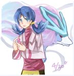  1girl bangs bike_shorts blue_eyes blue_hair crystal_(pokemon) dated earrings holding jewelry looking_at_viewer negocan open_mouth pokemon pokemon_(creature) pokemon_special solo star star_earrings suicune twintails 