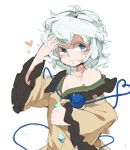  bare_shoulders blue_eyes breasts bust cleavage colored_eyelashes heart heart_of_string iroyopon komeiji_koishi off_shoulder rough short_hair simple_background smile solo sweat third_eye touhou white_background 