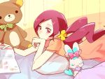  31 book chypre_(heartcatch_precure!) hanasaki_tsubomi heartcatch_precure! long_hair lying on_stomach pillow pink_eyes pink_hair precure stuffed_animal stuffed_toy twintails 