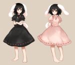  alternate_color animal_ears arms_behind_back barefoot black_hair bunny_ears bunny_tail crossed_arms dress dual_persona grin inaba_tewi inazakura00 jewelry multiple_girls pendant pigeon-toed player_2 red_eyes short_hair simple_background smile tail touhou 