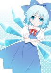  blue_background blue_eyes blue_hair bow cirno crossed_arms hair_bow highres ice ice_wings komiru puffy_sleeves ribbon short_hair short_sleeves smile solo touhou wings 