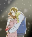  1girl big-lezard07 brown_hair coat cold fukube_satoshi hug hug_from_behind hyouka ibara_mayaka scarf short_hair snow snowing 