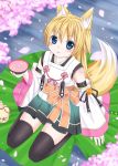  blonde_hair blue_eyes cherry_blossoms detached_sleeves fox_ears fox_tail ikeda_yuuki japanese_clothes miko original petals tail thigh-highs thighhighs 