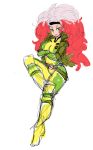  1girl belt big_hair bodysuit boots breasts commentary crossed_arms green_eyes headband jacket long_hair marvel multicolored_hair redhead rogue_(x-men) rough slugbox smirk solo thigh-highs thigh_boots two-tone_hair white_hair x-men 