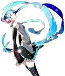  absurdly_long_hair aqua_eyes aqua_hair bare_shoulders detached_sleeves hatsune_miku headphones long_hair looking_at_viewer necktie open_mouth serori simple_background skirt solo thigh-highs thighhighs twintails very_long_hair vocaloid zettai_ryouiki 
